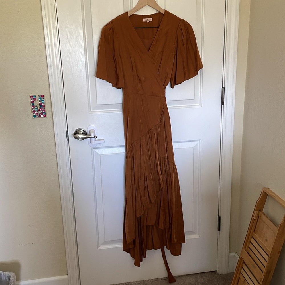 Rust colored wrap dress.